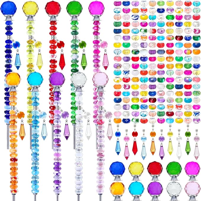 Exway 247 PCS DIY Fairy Wand Beaded Garden Stake Kits with Assortment Large Hole Beads 10 Crystal Stopper Top Threaded Rods and Sparkling Crystal Pendants for Outdoor Indoor Decor