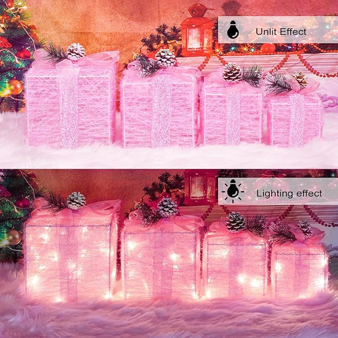 Set of 4 Pink Christmas Lighted Gift Boxes, Pre-lit Light up Present Set with Different Sizes for Holiday Indoor Outdoor Decorations - Battery Operated (Pink)