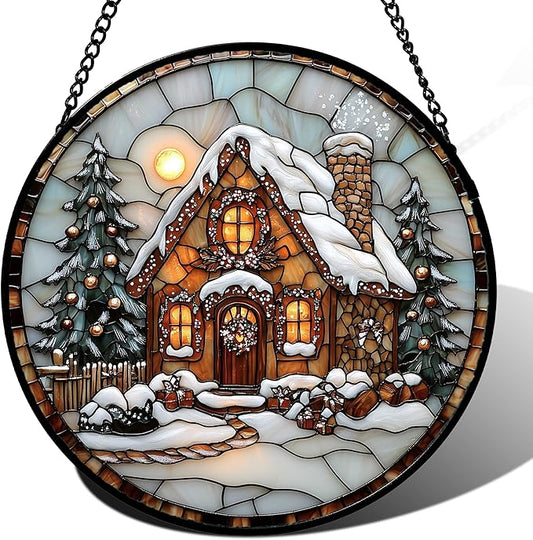 Stained Glass Window Hanging - Christmas Tree Cottage Sun Catcher for Door Garden Home Winter Decor Snowy Night Suncatcher Mother's Day Birthday Gifts for Women Men Mom Nana 15 in