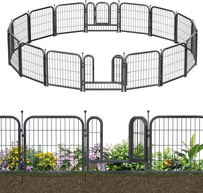 Decorative Garden Metal Fence 31.4ft (L)×24in (H) with 14 Panels 2 Gate Outdoor, No Dig Rustproof Wire, Animal Barrier Fencing for Outdoor Yard Patio Flower Bed,（Black-Silver）