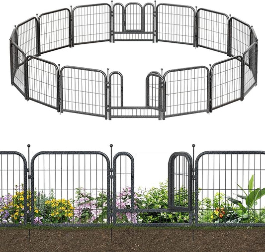 Decorative Garden Metal Fence 31.4ft (L)×24in (H) with 14 Panels 2 Gate Outdoor, No Dig Rustproof Wire, Animal Barrier Fencing for Outdoor Yard Patio Flower Bed,（Black-Silver）