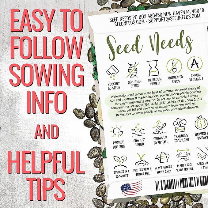 Seed Needs Watermelon Seeds for Planting Sugar Baby Watermelons - Non-GMO Heirloom & Untreated - Grow an Outdoor Home Grown Garden Filled with Sweet Fruits (1 Pack)
