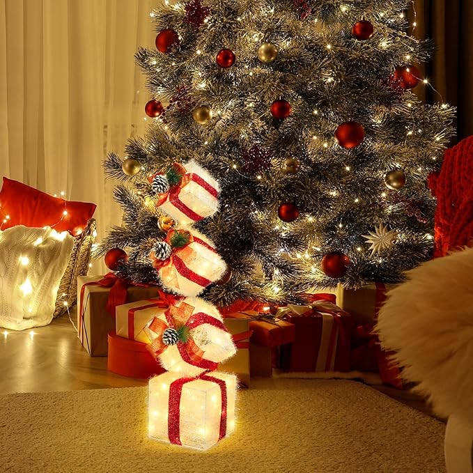 Christmas Lighted Gift Boxes Decorations Set of 4, 2.8Ft Stackable Christmas Nesting Boxes Battery Operated with Timer for Home and Party Decoration