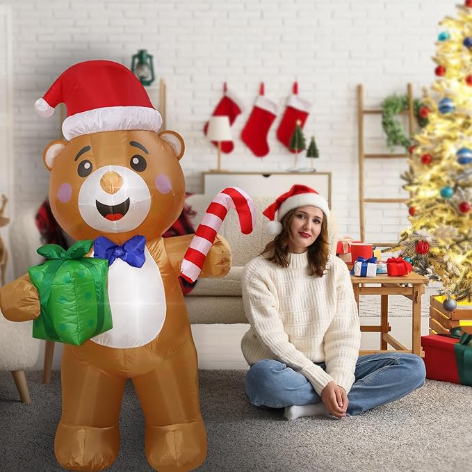 Christmas Inflatables Bear Gift Box Candy Cane Lighted Yard Lawn Inflatable Decoration with Built-in Fan and Stakes Ropes Holiday Party Decor, Christmas Decor (5FT-Bear Holds Giftbox & Candy Cane)
