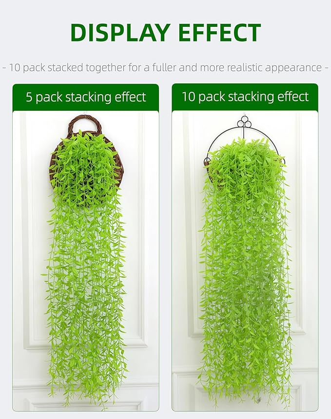 5 Pack Artificial Hanging Willow Vine (3.3ft) - Fake Greenery Plants for Indoor/Outdoor Decor, Wedding & Photography - Pure Green Design (No Basket Included)