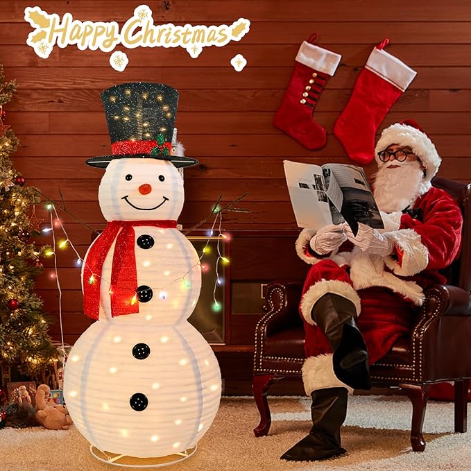 5 FT Lighted Christmas Snowmen Outdoor Decorations with 100 Warm White LED Lights Pre-lit 3D Glittered Snowmen for Lawn Yard Garden Yard Xmas Decor