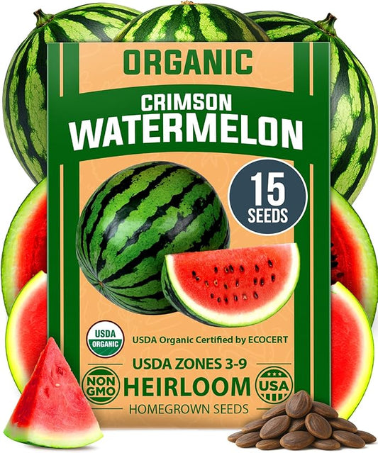 HOME GROWN Watermelon Vegetable Seeds (Crimson Sweet) – 15 Non-GMO, Heirloom Water Melon (7g) for Planting in Home Gardens or Beds Outdoors – Citrullus lanatus