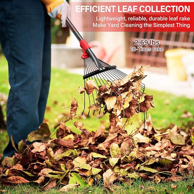 Lightweight Leaf Rake for Lawn, 8-17" Expandable Head with Metal Tines for Leaves, Shrubs & Small Areas, 75-Inch Adjustable Long Handle with Comfort Grip Senior Friendly