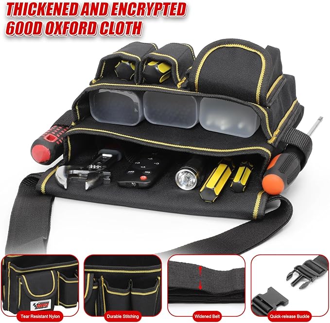 Tool Belt,600D Water-draining Oxford Cloth Tool Belts for Men,Electrician Tool Belt Widely Applied to Repairmen,Electrician,Carpenter,Construction (12 pockets)
