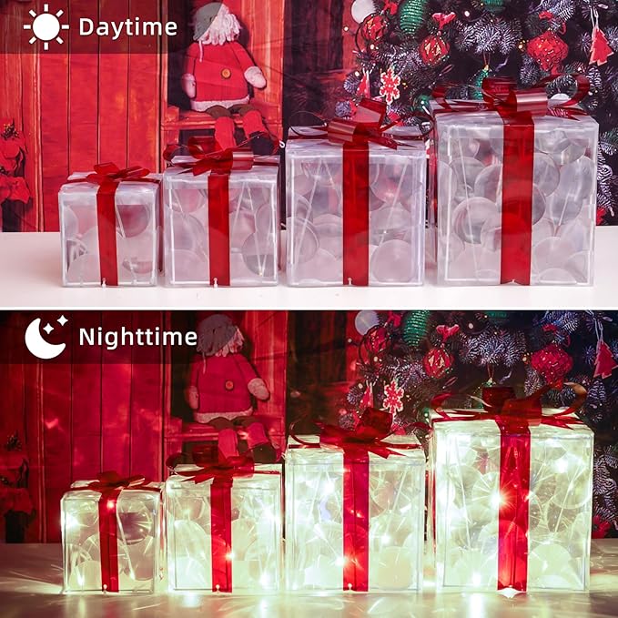 Christmas Lighted Gift Boxes, Pre-lit Lights Gift Boxes Set of 4, Light up Present Boxes Set Battery Operated with Different Sizes for Holiday Indoor Outdoor Decorations(Cool White)