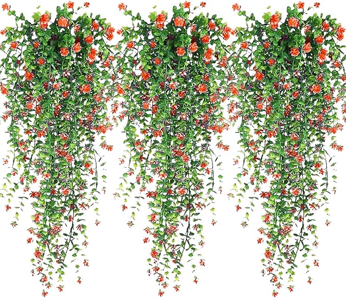 Artificial Hanging Flowers, 3 Pcs Fake Hanging Plants Artificial Vines for Outdoors, Fake Ivy Vine UV Resistant No Fade Faux Plants for Indoor Outside Garden Patio Yard Greenery Decoration (Orange)