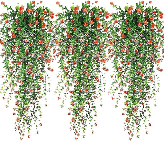 Artificial Hanging Flowers, 3 Pcs Fake Hanging Plants Artificial Vines for Outdoors, Fake Ivy Vine UV Resistant No Fade Faux Plants for Indoor Outside Garden Patio Yard Greenery Decoration (Orange)