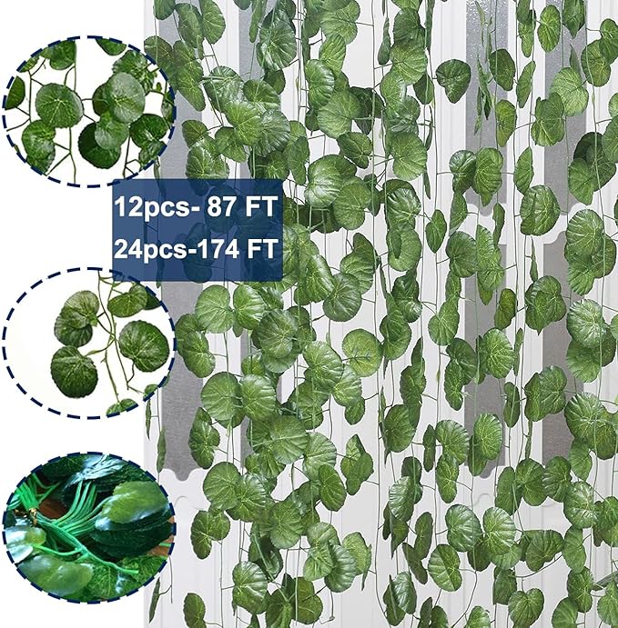 87 FT 12 PCS Artificial Ivy Garland Fake Ivy Leaf Plants Greenery Vine Hanging Garland for Home Bedroom Balcony Office Garden Party Wedding Wall Room Decor, Green