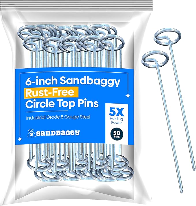 Sandbaggy 6-inch Circle Top Pins - Landscape Staples (Galvanized) - Garden Stakes for Landscaping, SOD - Heavy Duty Ground Stakes, Lawn Turf Spikes, Christmas Decorations, Weed Mats (50 Pins)