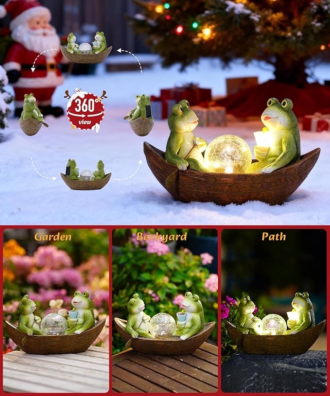 Solar Frogs Boating Statue Garden Decor: Outdoor Sculpture Lights Decorations Art Ornament Yard Lawn Backyard - Ideal Gifts for Women Mom Grandma