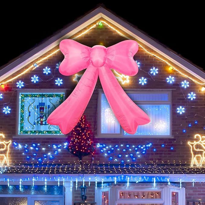 Christmas Inflatables Bow Lighted Yard Lawn Inflatable Decoration with Built-in Fan and Stakes Ropes Holiday Party Decor, Christmas Decor (7FT-Pink Bow)