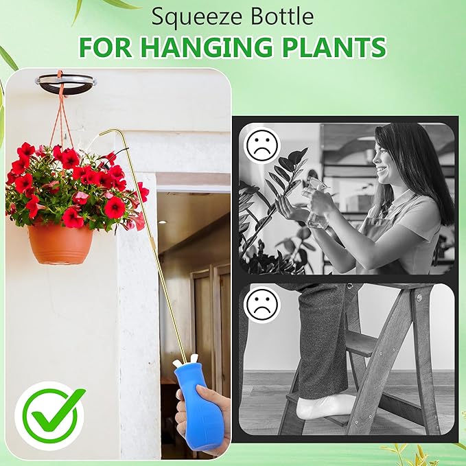 Dreyoo Squeeze Bottle for Hanging Plants, 19" Long Spout Plant Watering Bottle, Easy Squeeze Indoor/Outdoor Watering Can Alternative, Precise Sprinkling for Hanging Baskets, Houseplants, 8oz(Blue)