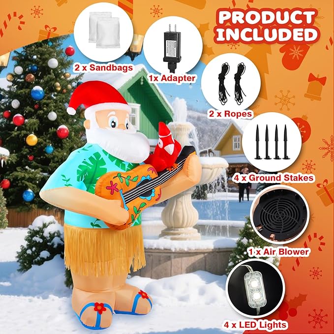 6.4FT Christmas Inflatables Santa Claus Playing Guitar Santa Parrot Outdoor Decorations Blow Up Yard Xmas Decor with Built-in LED Lights for Holidays Lawn Home Indoor Outside