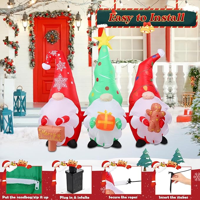 6 FT Long Christmas Gnomes Inflatable Outdoor Decorations, Inflatable Gnomes with Sign and Gingerbread Man Built-in LED Lights Blow Up Yard Decorations for Holiday Indoor Outdoor Party Garden Lawn