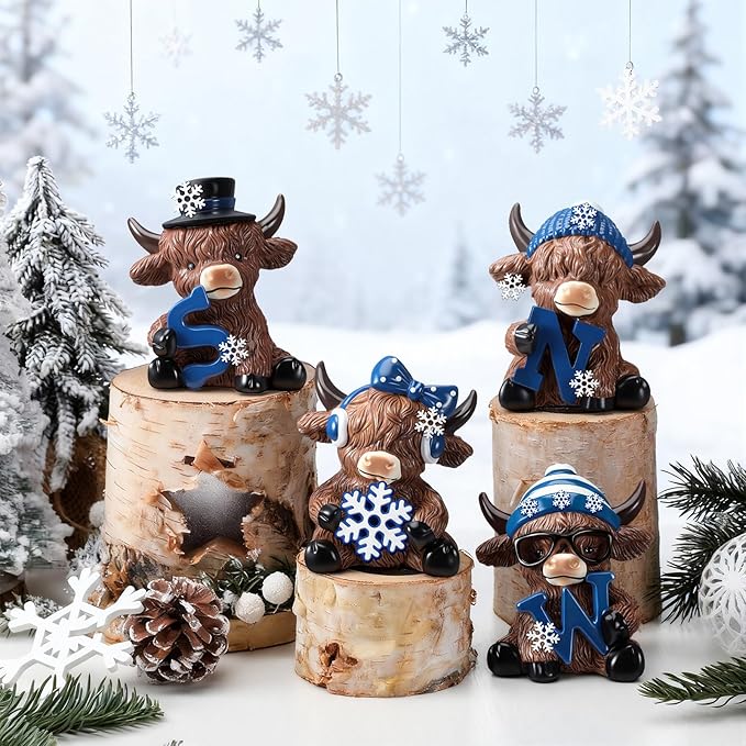 Sosation 4 Pcs Winter Snow Highland Cow Figurines Christmas Snowflake Highland Cow Gnomes Snowy Scottish Resin Statue Calf Gifts for Winter Home Garden Kitchen Office Tiered Tray Table Decor