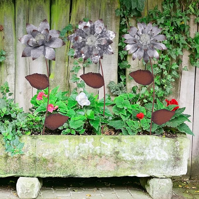 Metal Floral Garden Stake Outdoor Glow in Dark Silver Plant Pick Water Proof Metal Flower Stick Décor for Lawn Yard Patio,3 PCS