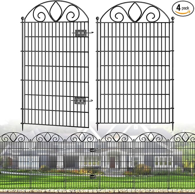 4 Panels No Dig Tall Garden Fence with Gate – 48" H X 10.5' L Rustproof Metal Dog Fence Outdoor for Yard, Decorative Animal Barrier Fence for Pet, Garden Border, Patio, Flower | Temporary Fencing