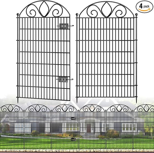 4 Panels No Dig Tall Garden Fence with Gate – 48" H X 10.5' L Rustproof Metal Dog Fence Outdoor for Yard, Decorative Animal Barrier Fence for Pet, Garden Border, Patio, Flower | Temporary Fencing