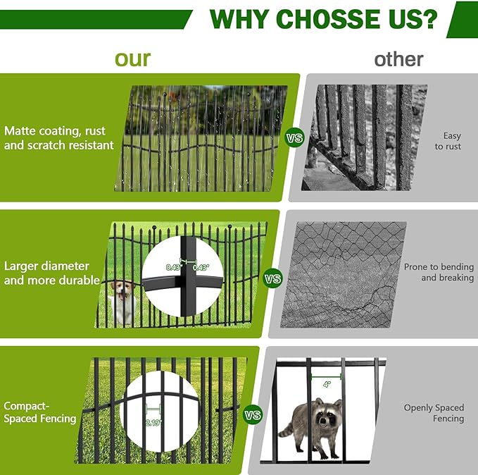 10 Panels No Dig Decorative Garden Fence with Gate - 32in H x 22.5ft L, Reinforced Square Tube Rustproof Tall Animal Barrier for Dogs & Rabbits, Outdoor Yard Border Fencing