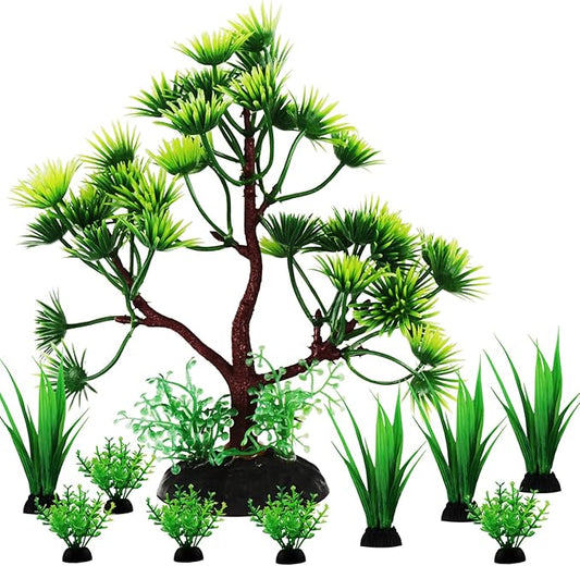 Fish Tank Plants Decorations, 10pcs Aquarium Decor Artificial Plants, Green Plastic Tree Fish Decorations for Tank