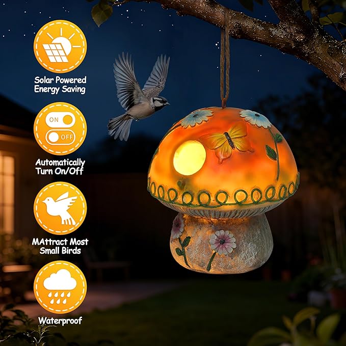 Solar Birdhouse for Outdoor Hanging, Mushroom Bird House with Lights Outside, Resin Garden Statue Decorative Nesting Box for Chick Blue Bird Hummingbird Woman Gifts for Yard Patio
