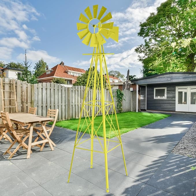 VINGLI 8FT Ornamental Windmill Backyard Garden Decoration Weather Vane, Heavy Duty Metal Wind Mill w/ 4 Legs Design,Yellow