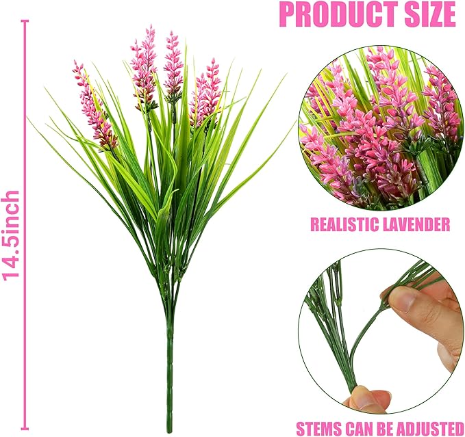 Sggvecsy 24 Bundles Artificial Plants Outdoor Faux Lavender Flowers Fake Monkey Grass UV Resistant Plastic Greenery Plants for Garden Home Porch Window Patio Hanging Planter Indoor Decor(Pink)