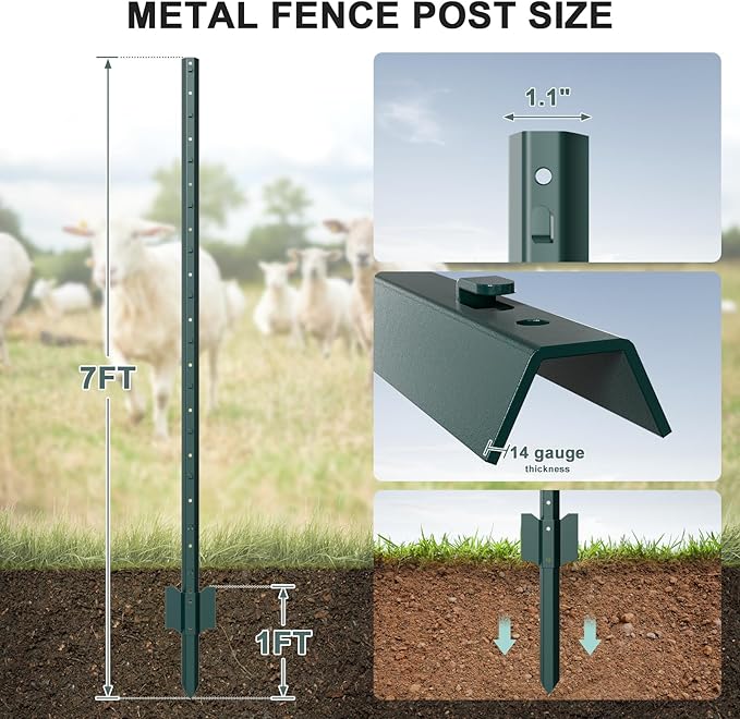10 Pack Metal Fence Post, 7 Feet Heavy Duty Garden with U-Post, No Dig Garden Fence Stakes for Temporary Fencing, Corner Anchor