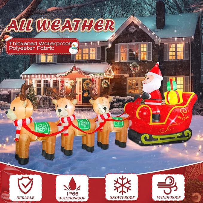 WONDER GARDEN 12FT Christmas Inflatable Outdoor Decorations with Santa Claus on Sleigh and Reindeer Christmas Blow Up Yard Decorations with LED Lights for Xmas Holiday Party Garden Patio Lawn Decor