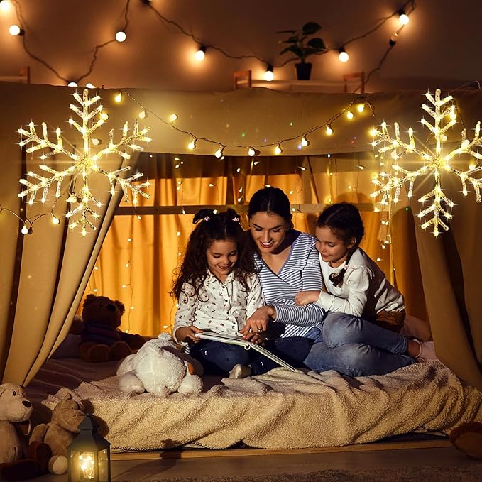 Christmas Window Snowflake Lights Decorations, Battery Operated Led Hanging Iron Lights, 8 Lighting Modes for Home Bedroom Indoor Outdoor Wall Holiday Decor (Warm White, 2 Pack)