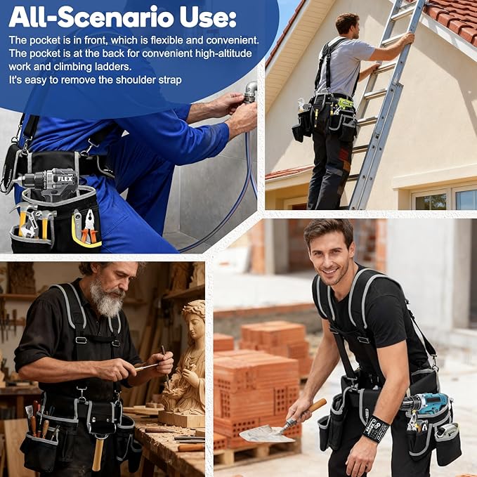 Tool belts for men - multi-functional detachable adjustable tool belt with shoulder strap magnetic wristband set, suitable for electricians and carpenters。 (black and gray)