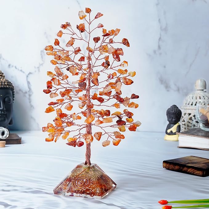 Crocon Carnelian Crystal Tree with Orgone Pyramid Base Desk Decor Healing Crystals Bonsai Tree Orange Gifts for Women Office & Shelf Home Room Decor for Mom Sister Girlfriend Present Housewarming