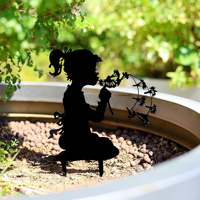 Dancing with Dandelions Garden Fairy - 9-Piece Metal Garden Statue Deals for Outdoor, Yard & Lawn - Whimsical Iron Fairy Sculptures Set (11.8 Inch) (Two Dandelion Girls)