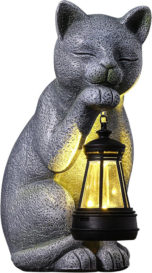 Solar Happy Cat Outdoor Statue Garden Decor,Birthday Gifts for Grandma Mom Women, Ornament for Balcony, Garden, Patio, Yard, Lawn Porch Patio Balcony Home House,(LED Lantern Cat)