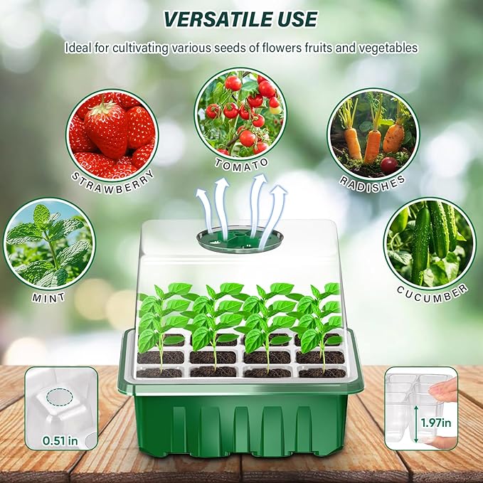 Seed Starter Tray with Grow Light, 5 Pack/60 Cells Seed Starter Kit, Seedling Starter Trays with Dome, Heightened Lids for Greenhouse Seeding Planting Growing (Green).