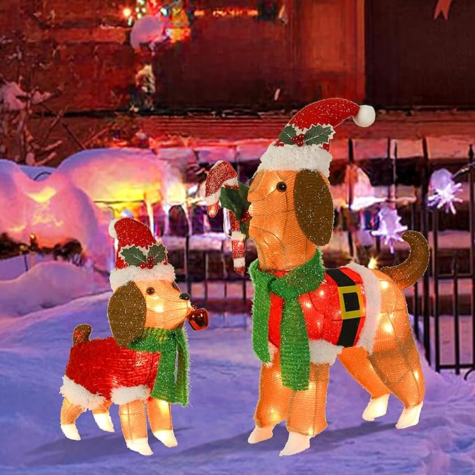 Lighted Outdoor Dog Christmas Decorations, 2 Pack Collapsible Pre-lit Beagle Dog with Candy Cane and Santa Hat Light up Puppy Xmas Decor for Indoor Outdoor Garden Yard Lawn Holiday Display