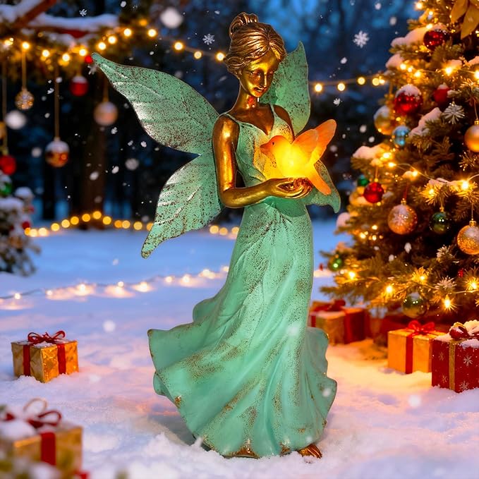 Solar Fairy Garden Statue Decor - Xmas Gifts for Women Mom Grandma Sister Christmas, 10 Inch Leaf Angel Girls Resin Home Decoration with Hummingbird LED Lights for Bedroom Balcony Outdoor Yard Patio