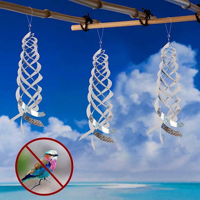 Hausse Bird Repellent Spiral Reflectors Silver Mylar Spinner, Hanging Reflective Bird Deterrent Device, Garden Decorative Scare Birds Away, Like Woodpeckers, Pigeons and Geese, 6 Pack