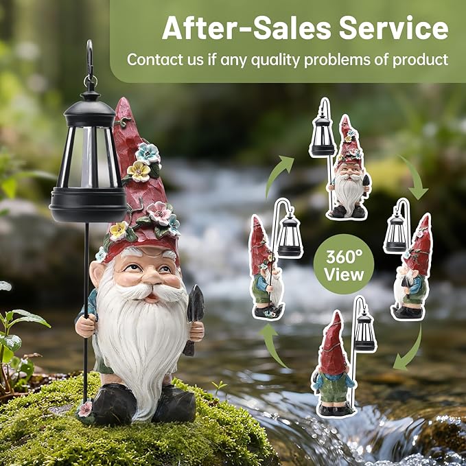 Outdoor Garden Gnome Statue with Solar Light – Outdoor Resin Decor Weatherproof Yard Lawn Ornament with LED Lantern Light Figurine for Patio, Porch, Landscape Housewarming