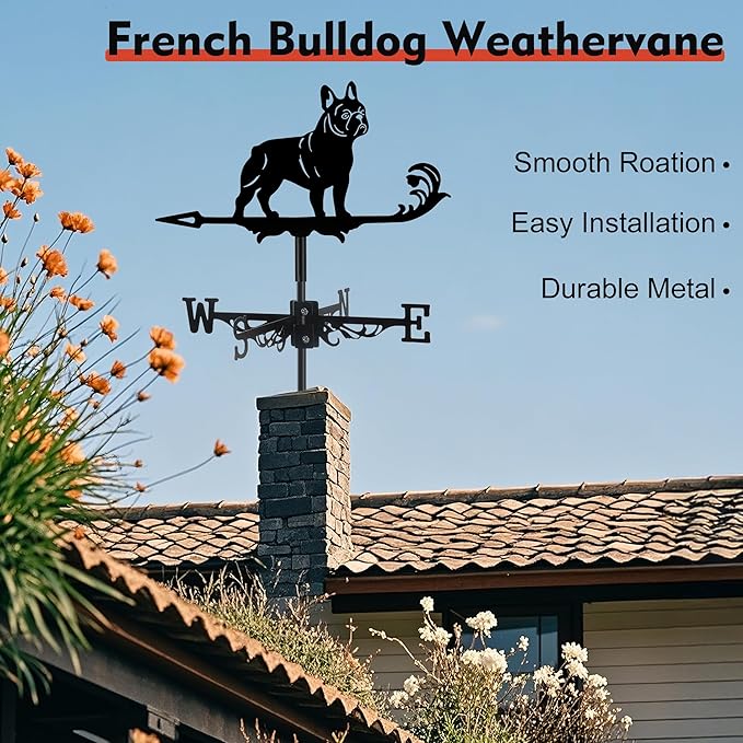 French Bulldog Weather Vane, Black Metal Dog Weathervane Roof Mount, Wind Direction Indicators Wind Measuring Tool Outdoor, Wind Vane Ornament Decoration for Shed Garden Yard Farmhouse Patio Decor