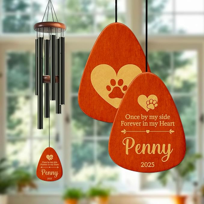 Personalized Pet Memorial Wind Chime - 37" Custom Engraved Pet Loss Gift with Name, Date & Quote - Drop Shape Wooden Pendant & Stainless Steel Tubes, Outdoor/Indoor Remembrance Wind Chime, Black D4
