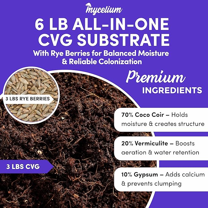 Mycelium 6LB Mushroom Grow Kit | All-in-One CVG Substrate & Rye Berries Grain Bag | Injection Port & Filter Patch | Grow Dung-Loving Mushrooms at Home – Just Add Liquid Culture