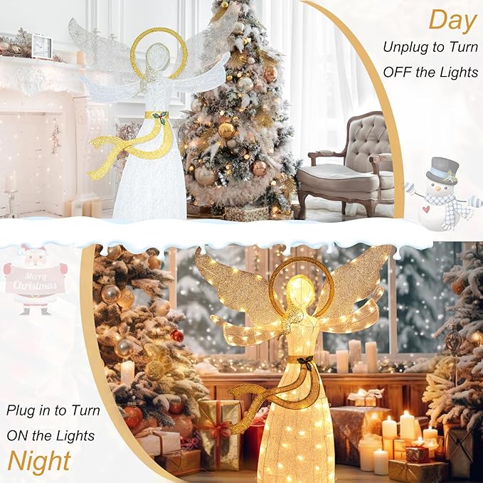 5.6FT Lighted Christmas Angel Outdoor Pre-lit 3D Glittered Angel Lighted Up Standing Ornament Outdoor Indoor Christmas Decoration for Home Lawn Yard Garden Display