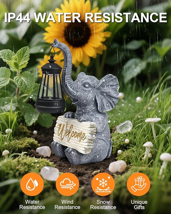 Outdoor Elephant Statues Solar Garden Decor Lights - Elephant Decoration for Garden, Balcony, Patio, Yard, Lawn - Housewarming, Fathers Day, Unique Birthday Gifts for Women Mom Grandma(Gold)