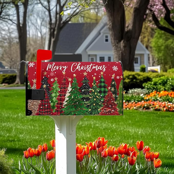 Merry Christmas Mail Box Covers Magnetic Standard Size 21x18 inch Xmas Tree Mailbox Cover Winter Snowflake Post Letter Box Cover for Outside Garden Yard